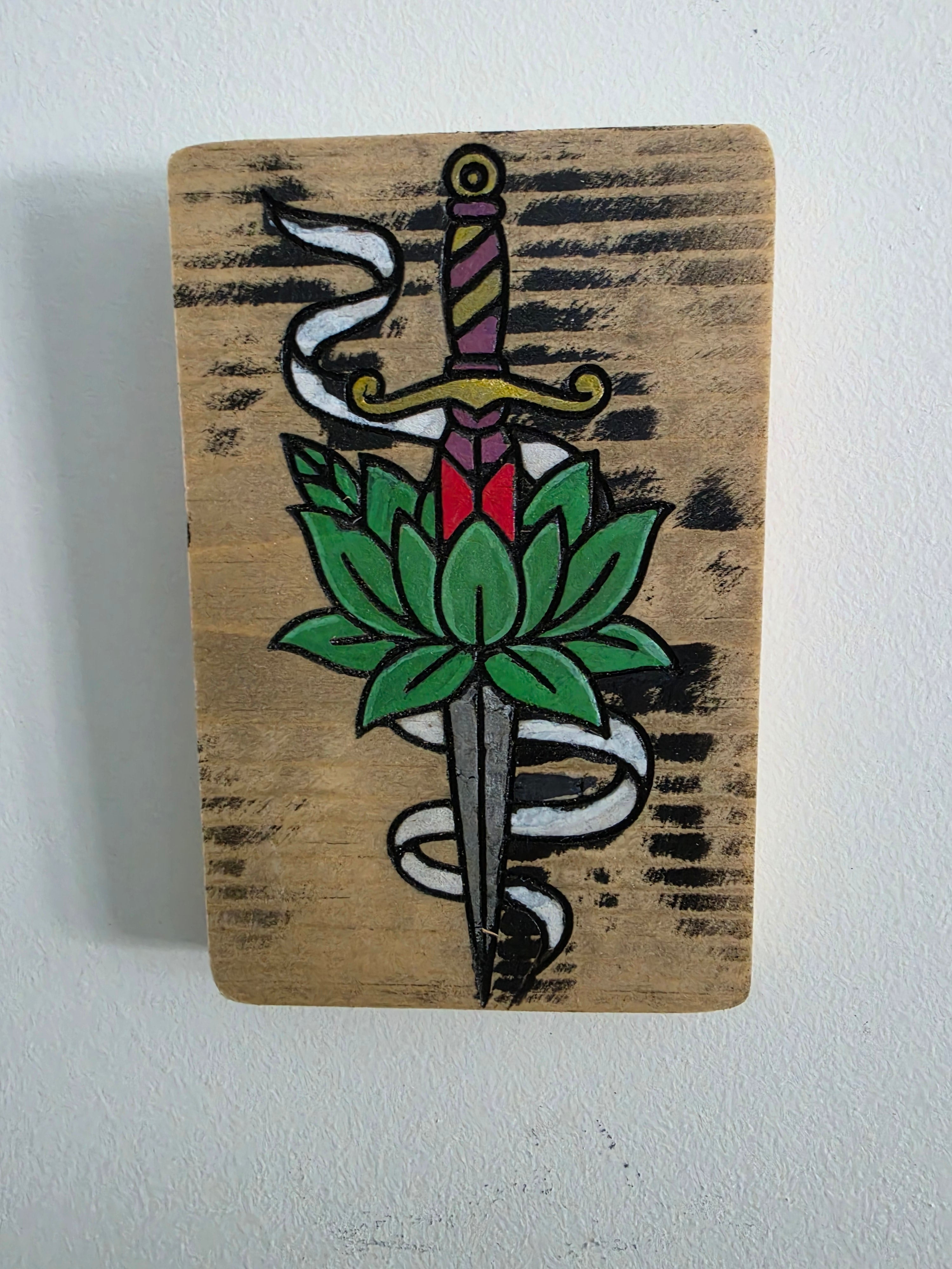 Dagger & Lotus Flash Tattoo Art Wood Wall Art