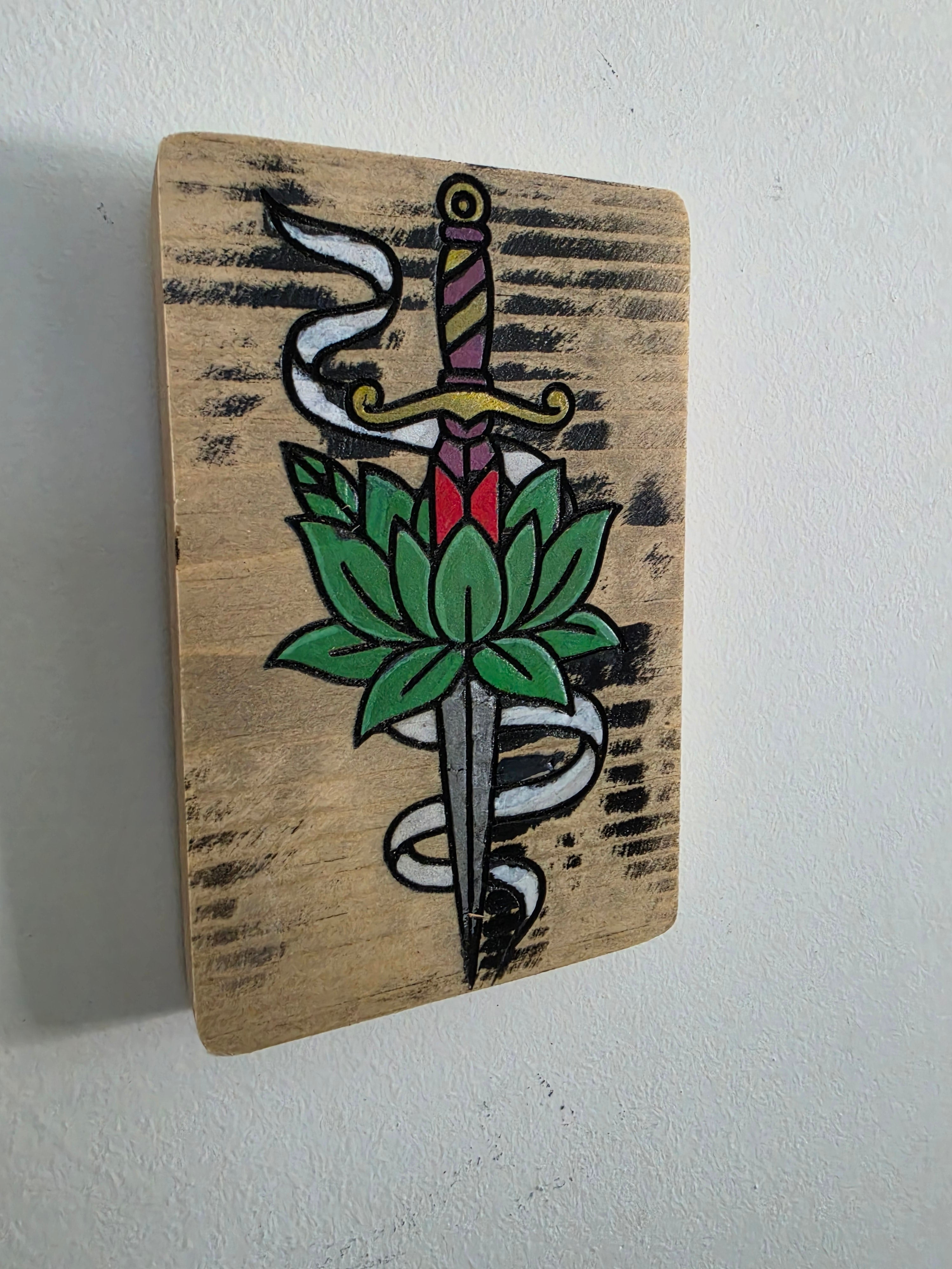 Dagger & Lotus Flash Tattoo Art Wood Wall Art