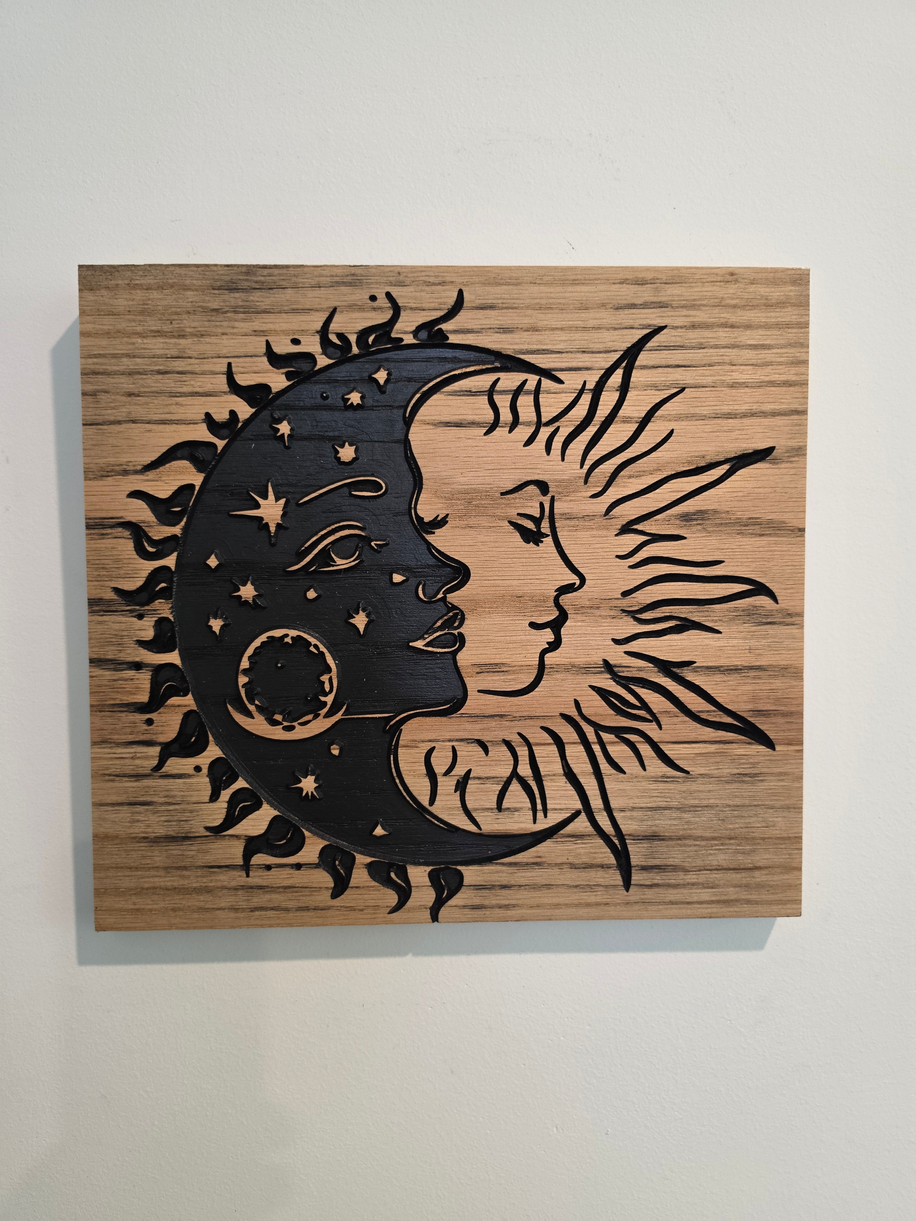 Crescent Sun & Moon Relief Carving Wood Wall Art — Red Oak