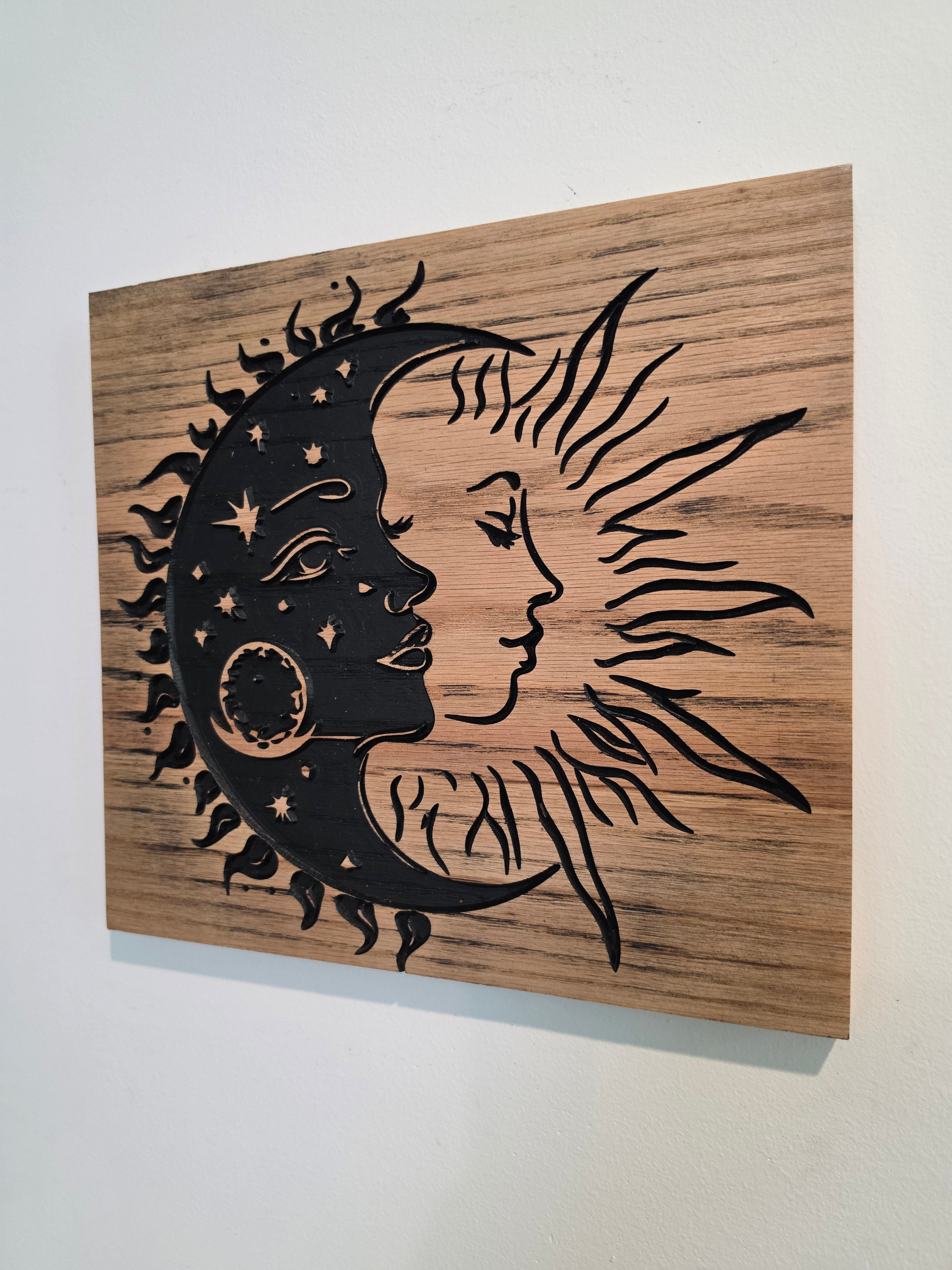 Crescent Sun & Moon Relief Carving Wood Wall Art — Red Oak