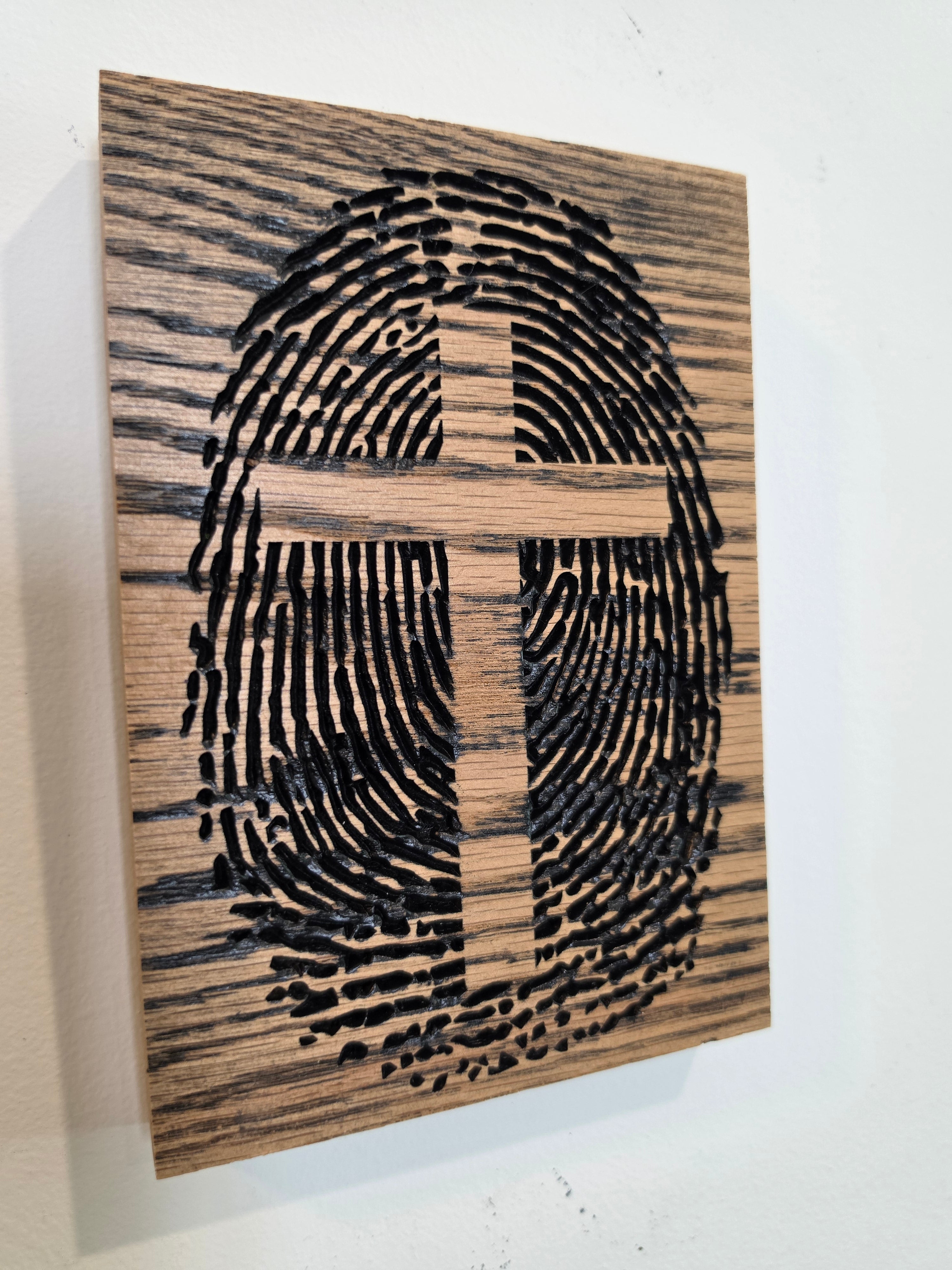 Fingerprint Cross Wood Wall Art — Red Oak