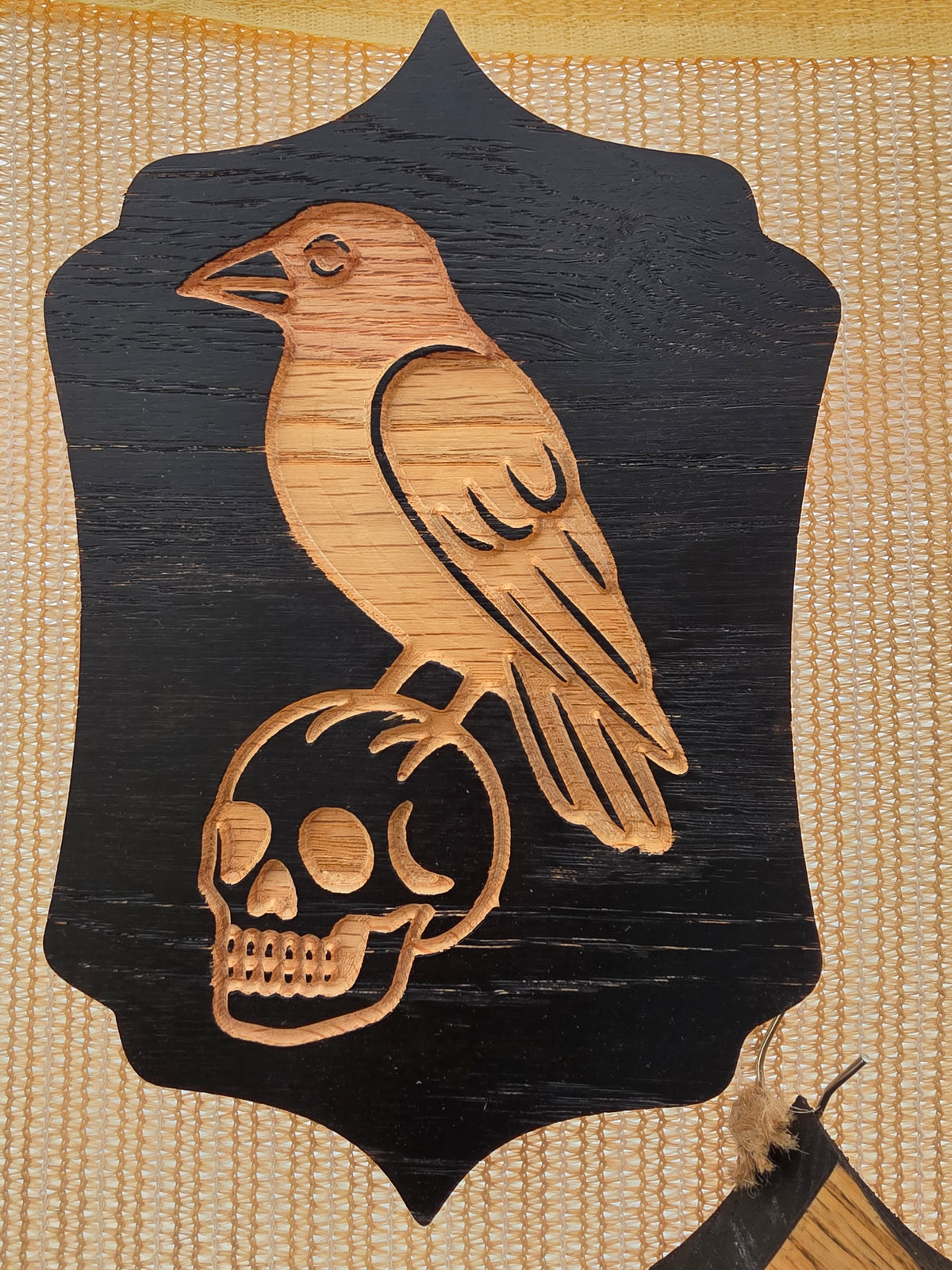 Crow on Skull Badge Carved Wood Wall Art — Oak