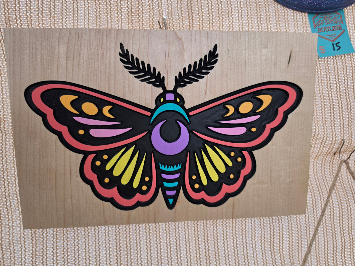 Colorful Moth Carved Wood Wall Art — Maple