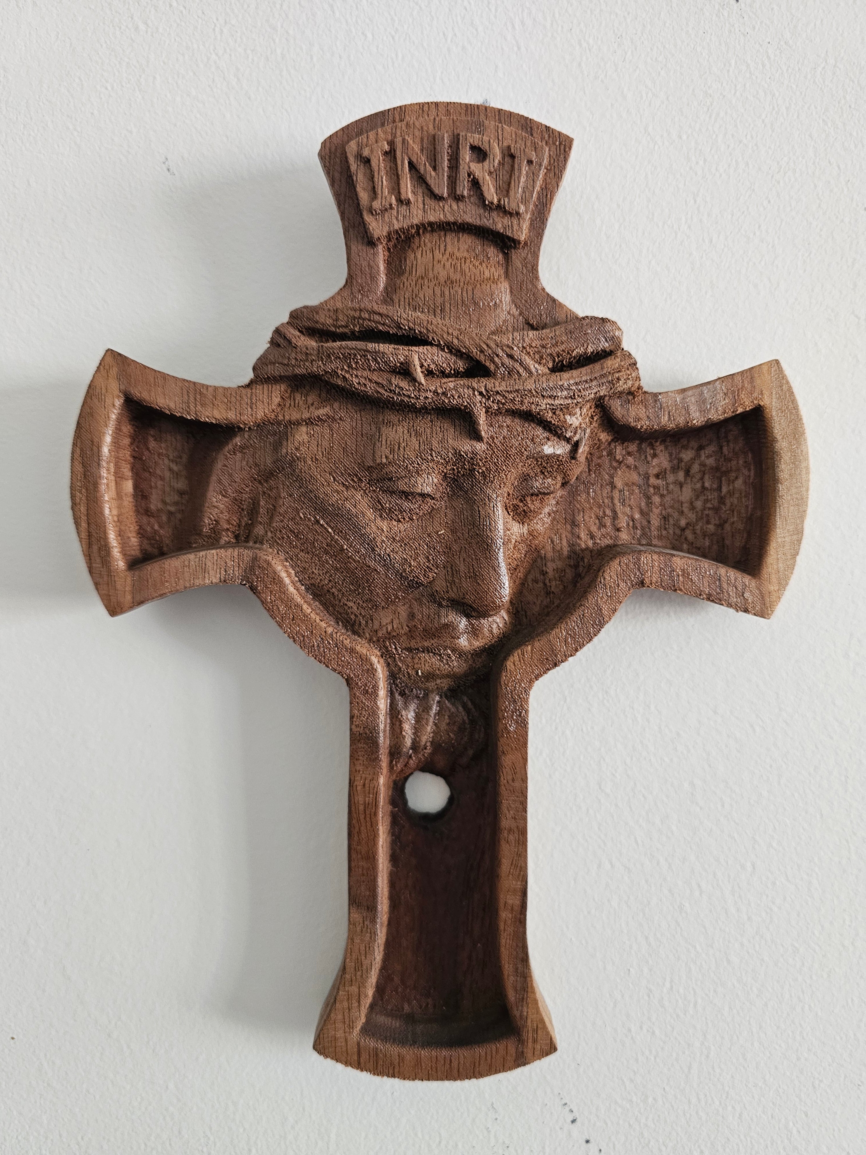 Wood Cross with Jesus — INRI Walnut Wall Art