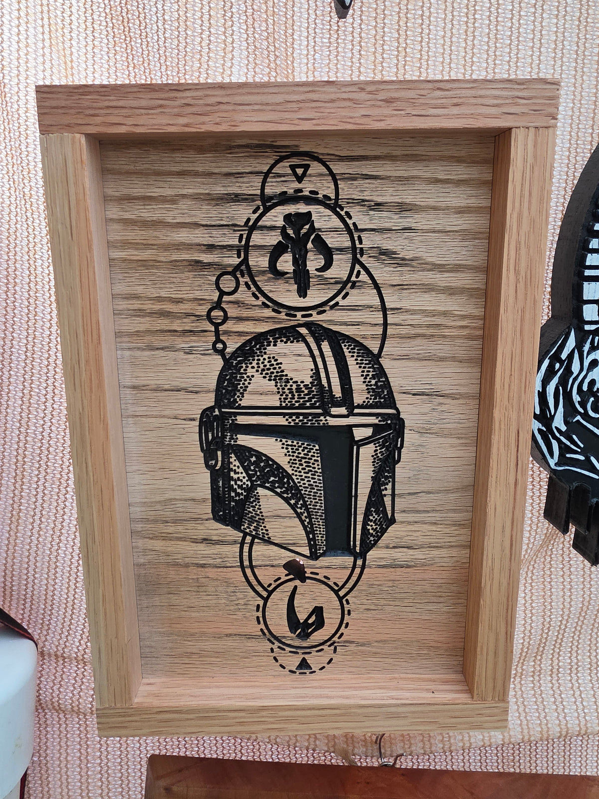 Mandalorian Helmet Framed Shadow Box Wood Wall Art — Oak