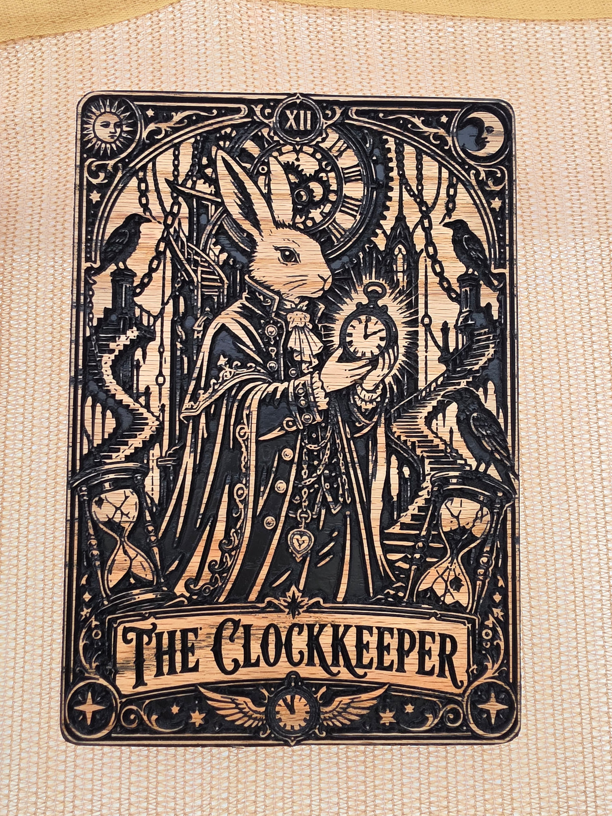 The Clockkeeper Tarot Card Carved Wood Wall Art — Oak