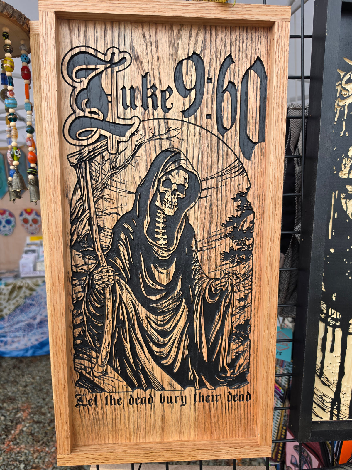 Luke 9:60 Grim Reaper Carved Wood Wall Art — Oak