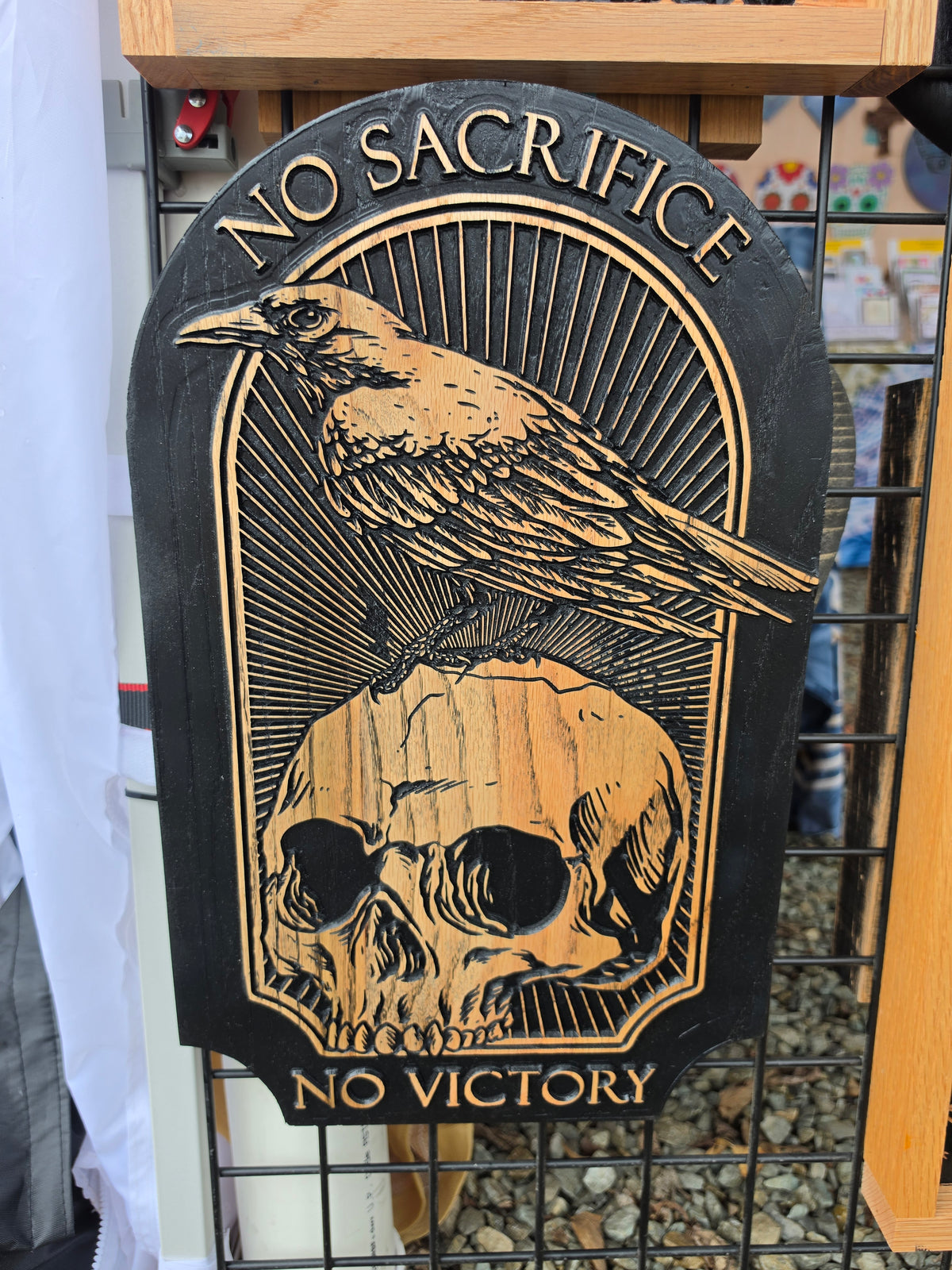 No Sacrifice No Victory Skull Badge Carved Wood Wall Art — Oak